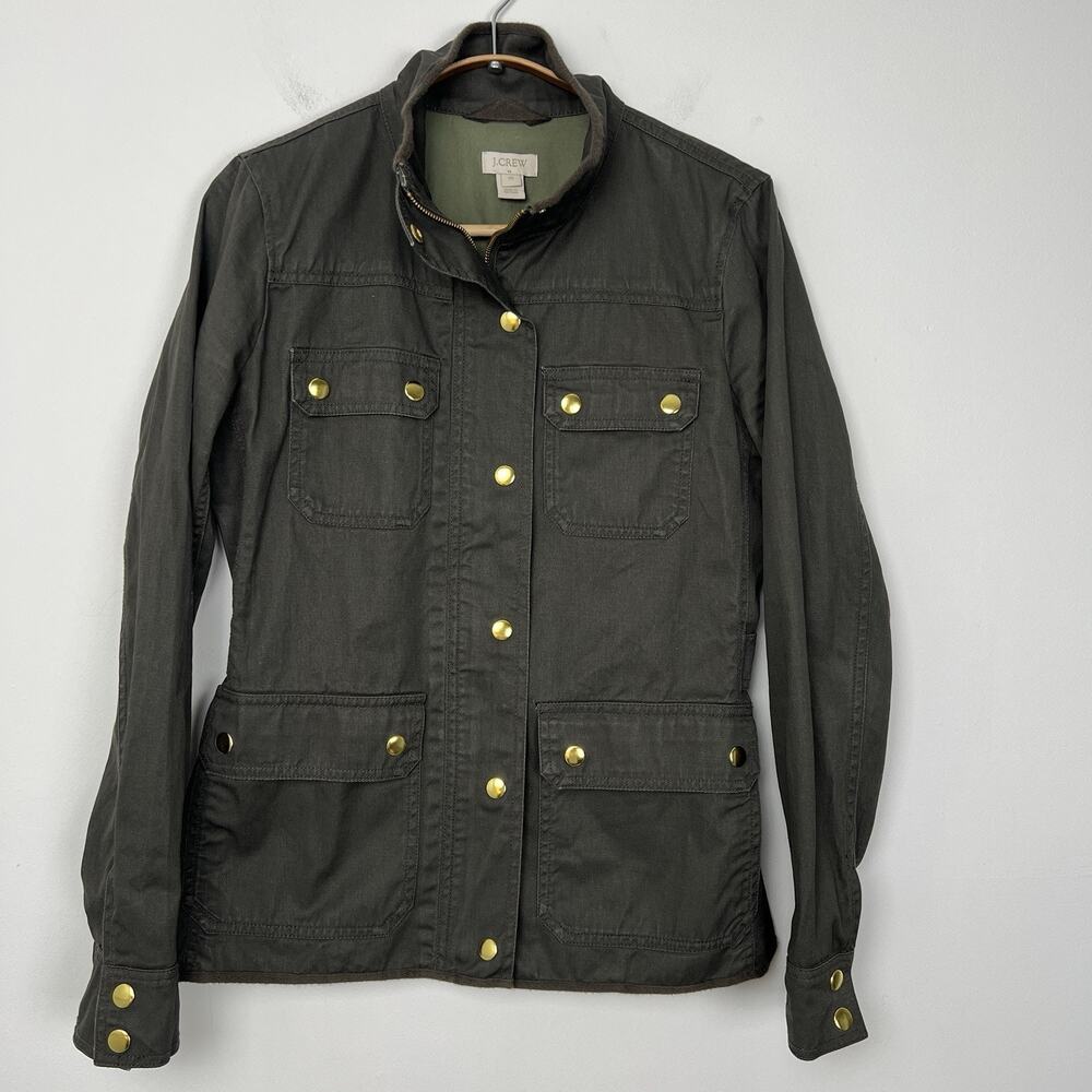 J Crew Factory Womens XS Resin Coated Twill Field Utility Jacket Green Zip Front